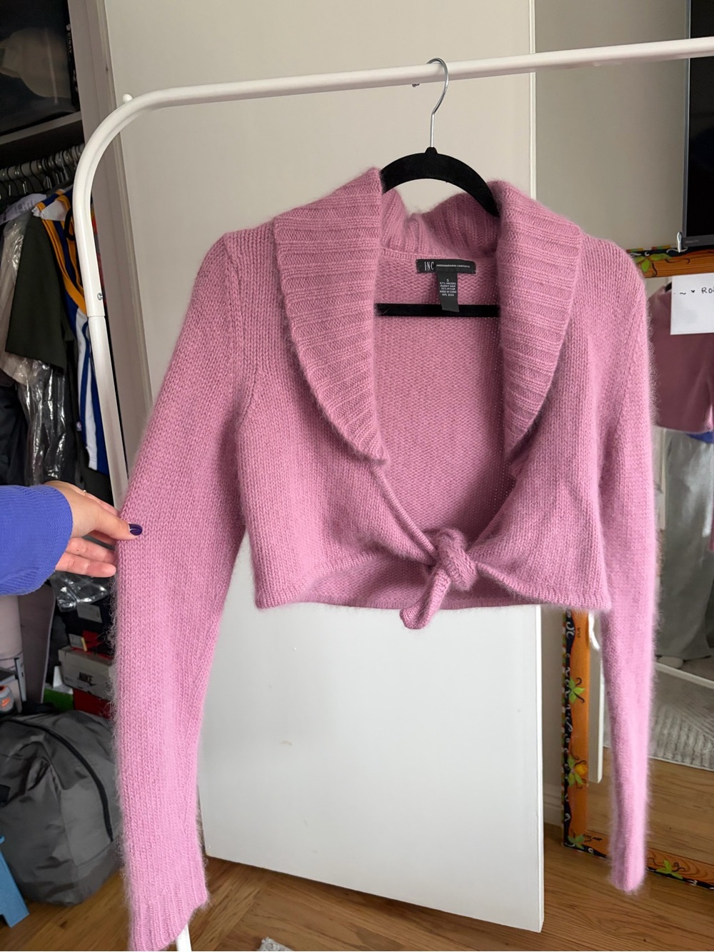 INC International Concepts Dusty Pink Tie-Front Shawl Collar Cropped Cardigan